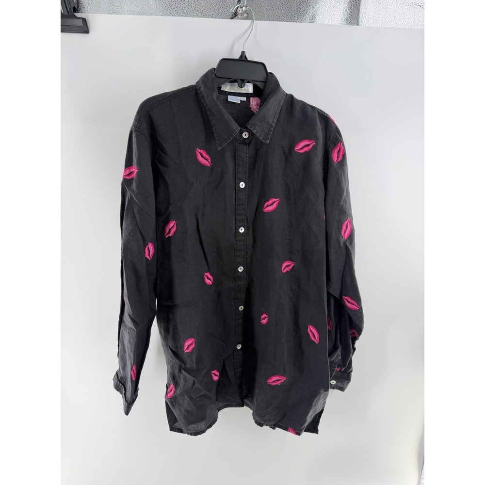 Casey Coleman Women's Lips Kiss Embroidered 100% Linen Button Shirt Size XL